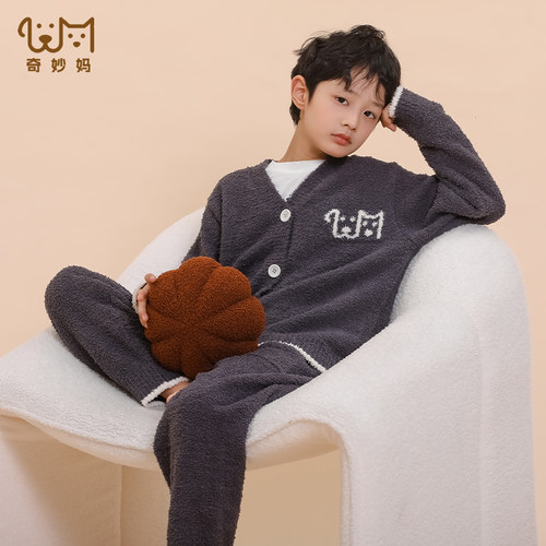 无静电更舒适~儿童半边绒睡衣男童法兰绒睡衣秋冬款加厚青少年