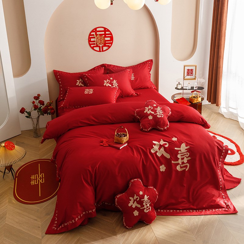 婚嫁婚庆四件套100支长绒棉大红床单新婚纯棉结婚床笠款床上用品