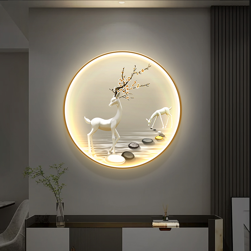 入户玄关装饰画发光轻奢麋鹿led高级感氛围圆形壁画灯寓意好挂画图片