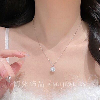 阿沐饰品纯银莫桑钻小方糖项链女小众轻奢百搭高级礼物送闺蜜女友