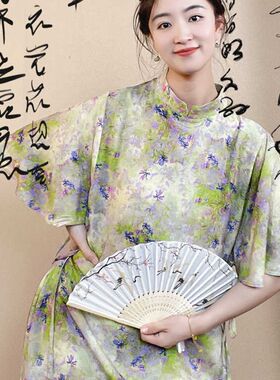 夏季新款长裙连衣裙中腰中式旗袍裙棉绸时尚新中式系带宽松大码女