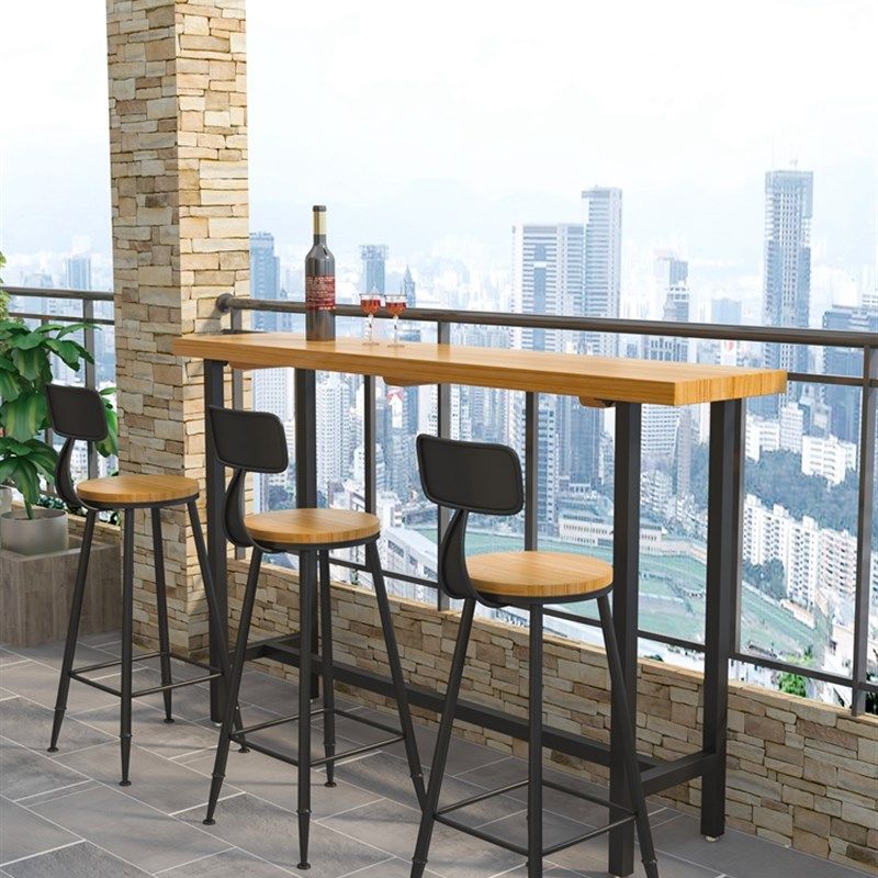 定制家用阳台靠窗一体高脚窄桌子实木吧台桌复古防腐木靠墙长条桌