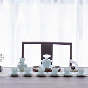 家用陶瓷薄胎甜白瓷盖碗茶杯茶壶 唐宋茶事影青瓷功夫茶具套装