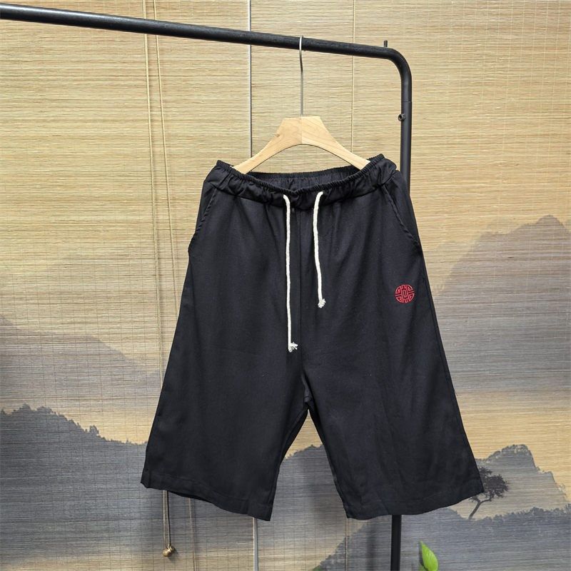 25D3B2中国风黑色亚麻短裤夏季刺绣复古风中裤宽松休闲六分大裤衩,男装,短裤,淘宝优惠券,粉丝福利购,淘宝优惠卷