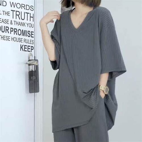 加大码胖mm2-300斤夏季新款螺纹宽松五分袖遮肉女士上衣长裤套装