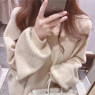 很仙的杏色v领软糯毛衣女秋冬加厚温柔慵懒风宽松外穿针织衫上衣