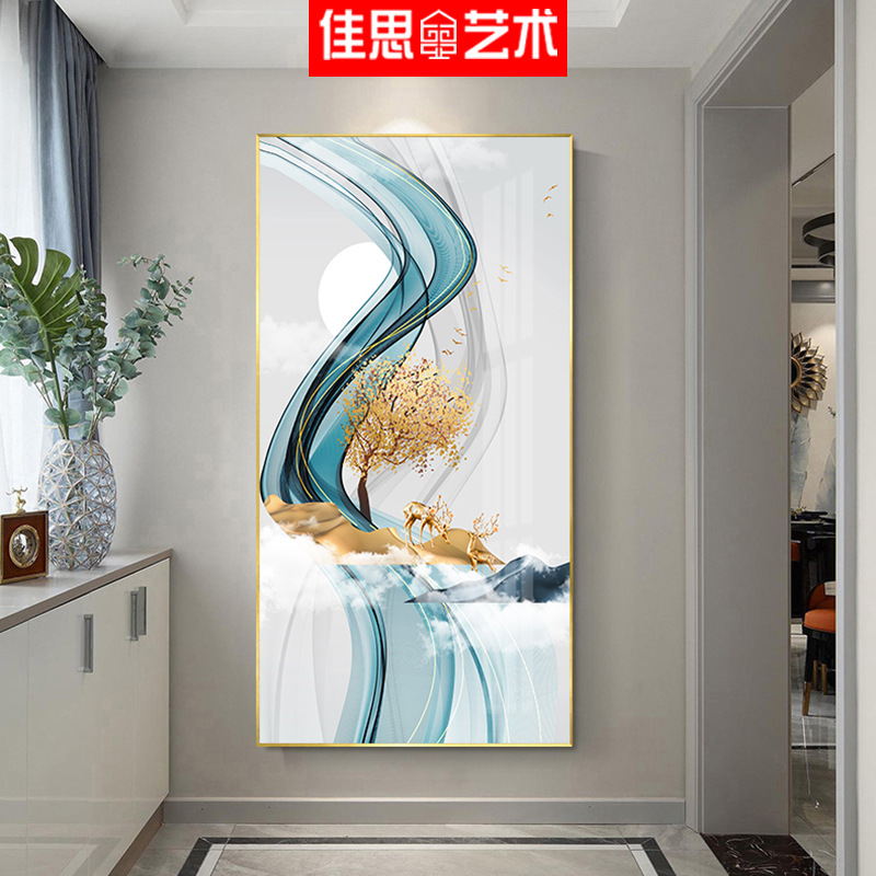 现代简约抽象艺术玄关装饰画竖版金E色麋鹿挂画线条酒店走廊壁画图片