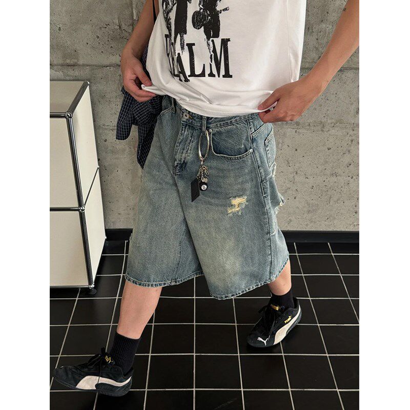 美式破洞七分牛仔裤男女夏季松弛感慵懒复古水洗宽松休闲阔腿短裤,男装,短裤,淘宝优惠券,粉丝福利购,淘宝优惠卷