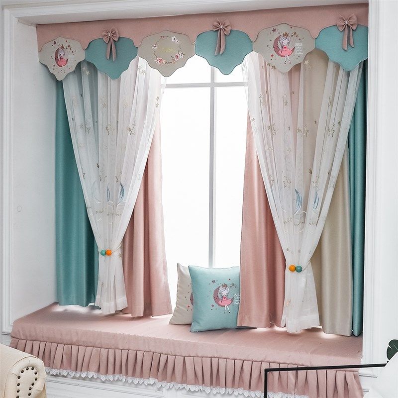 窗帘卧室2021年新款公主风儿童房女孩飘窗全遮光短帘梦幻窗纱定做