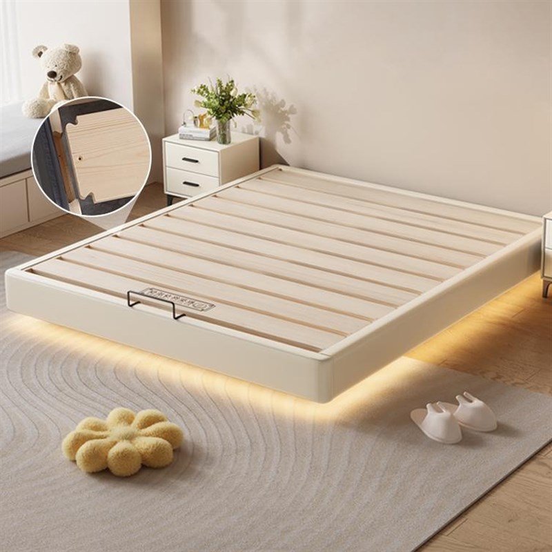 无床头全实木悬浮床现代简约床齐边双人床小户型燕尾榫排骨架床架