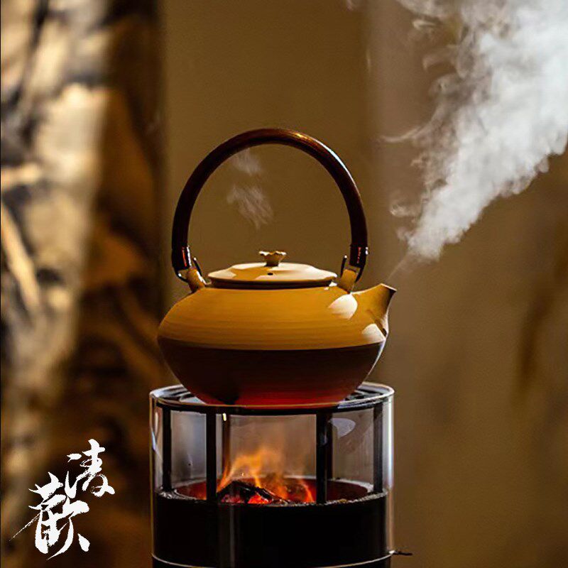 清欢丨纯手工提梁壶780ml 小型炭火陶壶 中式白陶茶壶 围炉煮茶壶