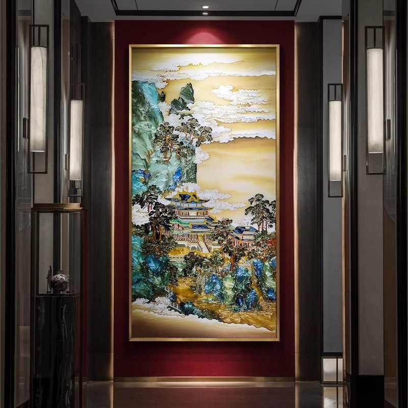 新中式玄关珐琅彩宫廷楼阁山水装饰画别墅酒店大堂复古建筑挂画图片