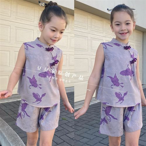 仿香云纱女童夏新款国风套装儿童中国风旗袍上衣短裤两件套新中式
