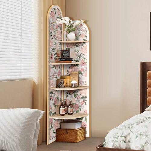 奶油风卧室置物架花卉转角柜落地摆件拐角柜子三角书架床边收纳柜