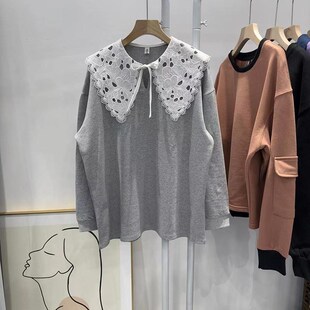 秋季新款灰色棉质针织棉T恤中长款刺绣领白领子系带打底衫百搭