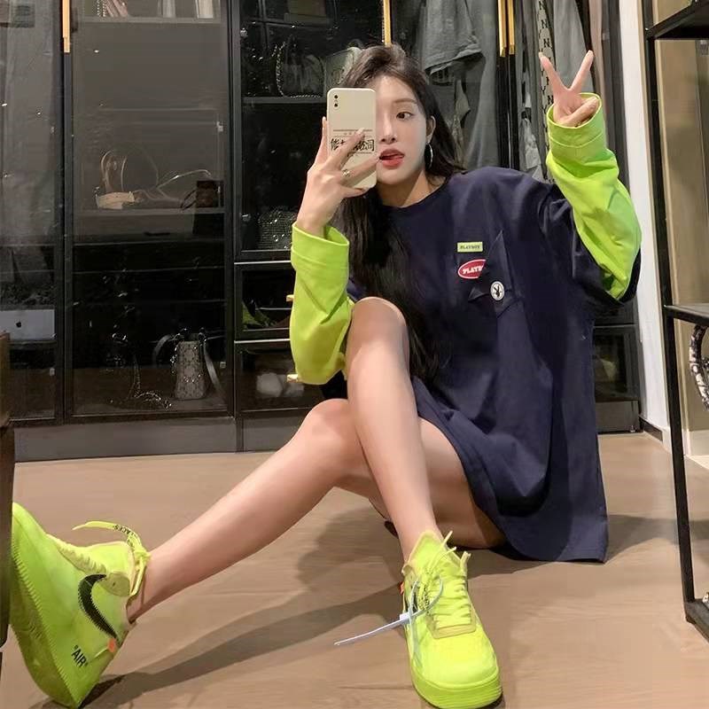 港风纯棉t恤裙女秋冬202t3韩版假两件卡通印花宽松中长款t恤小个