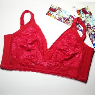 大胸显小文胸本命年红色结婚内衣女超薄款 44F42G 无钢圈全罩杯大码