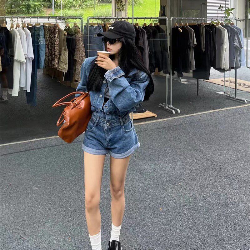 2024秋装新款直筒牛仔短裤套装女小个子洋气长袖T高腰工装连体短