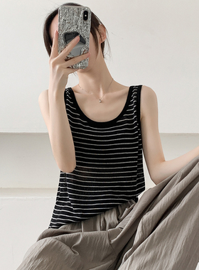 美式宽肩小d吊带背心夏女外穿宽松无袖打底衫黑色条纹冰丝针织上