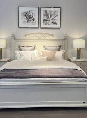 法式复古白色做旧实木床美式轻奢主卧双人床1.8米雕花床1.5米婚床