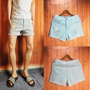 春夏新款男士纯色毛边流苏破洞三分牛仔短裤简约女士超短裤热裤潮