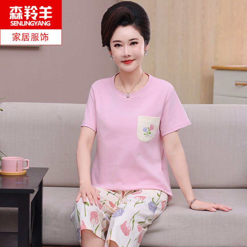 夏季妈妈短袖七分裤纯棉薄款睡衣休闲圆领套头中年妇女家居服套装