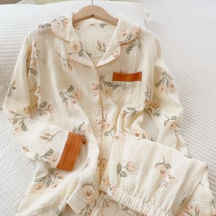 浪漫山茶春秋全棉泡泡双层纱皱布家居服男女简约舒适情侣睡衣