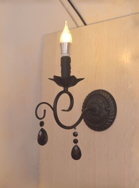 法式壁灯电视背景墙灯黑水晶铁艺灯具床头小壁灯美式黑色蜡烛壁灯