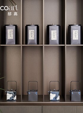 邸高家居新中式茶柜置物架装饰摆件茶空间布置金银错茶具套装搭配