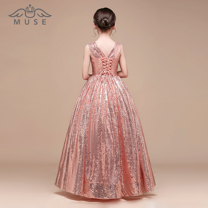 儿童礼服女童晚礼服公主裙长款亮片闪亮主持人舞台走秀钢琴演出服