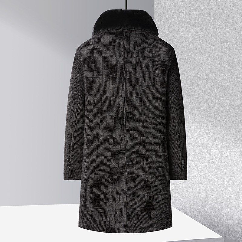 冬季中老年毛呢大衣长款男爸爸装加绒加厚风衣可脱卸毛领呢子外套