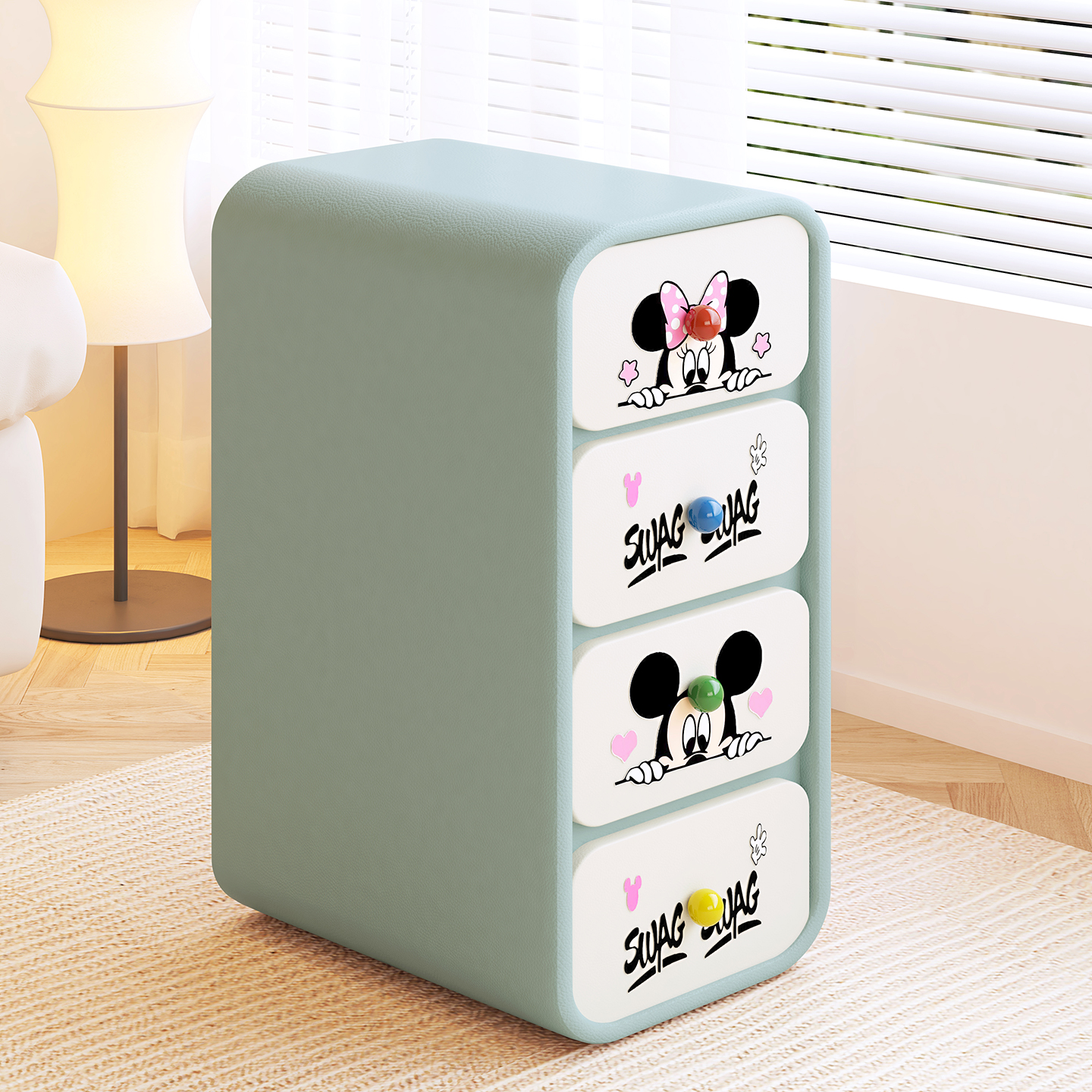 四斗边柜实木简约现代高端皮质床头柜多巴胺配色窄柜夹缝收纳高65