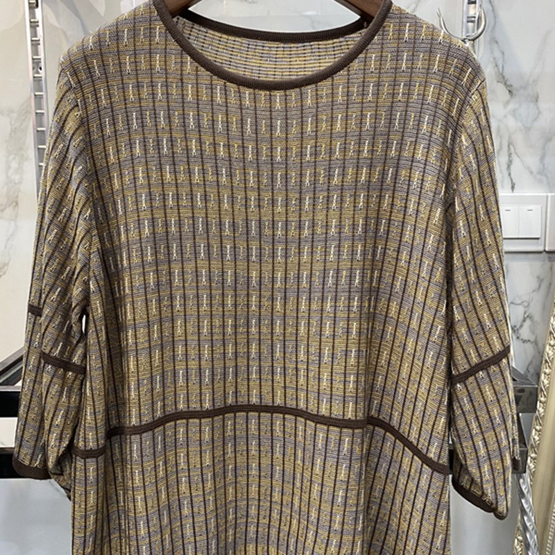 妈妈春秋装提花宽松针织衫七分袖T恤中老年女装打底衫上衣加肥大