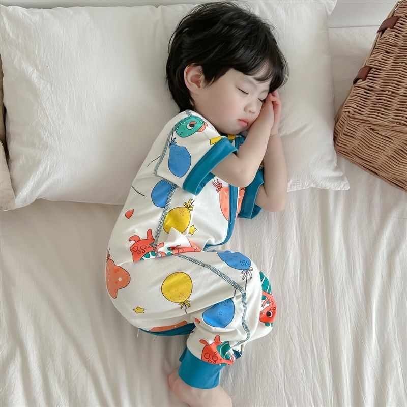 男童纯棉睡衣夏季短袖长裤连身衣宝宝无骨爬服女童连体护肚空调服