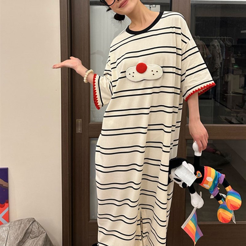 卡通酷猫连体睡衣女夏季2024年新款大码家居服短袖条纹睡裙可外穿