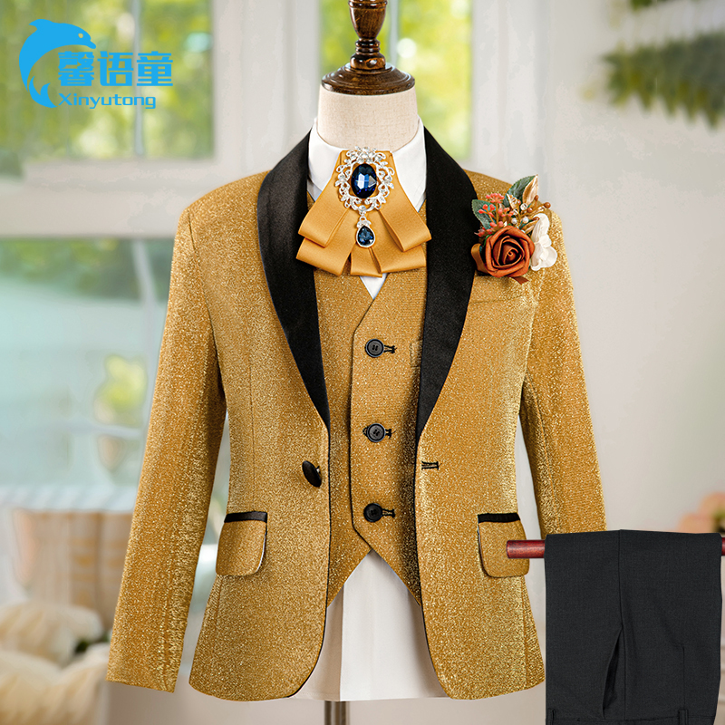 金色男童西装主持人礼服套装儿童演出服朗诵宴会婚礼演讲小西服