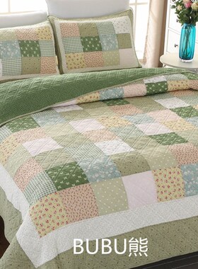 BUBU熊韩式田园衍缝被单件床盖三件套空调被子母夏纯棉蓝色多尺寸