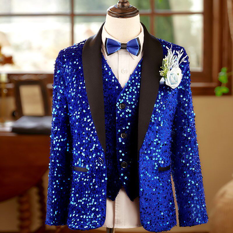 男童蓝色亮片主持人礼服儿童小西服学生舞台晚会演出服钢琴演奏服