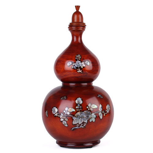 桃木葫芦摆件木雕葫芦镶嵌彩贝木雕彩色贝壳红色大号葫芦摆件