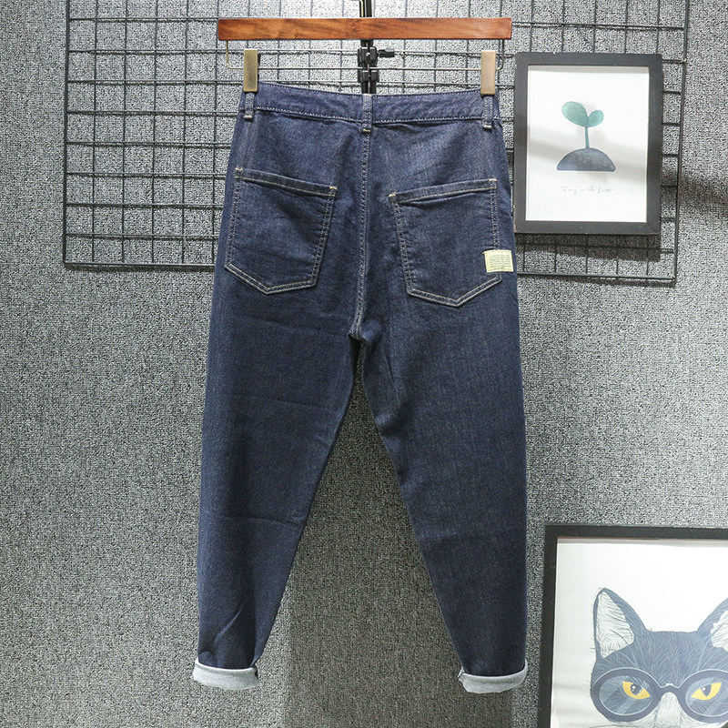 香港夏季薄款 宽松哈伦九分牛仔裤男锥形小脚直筒2024深蓝色裤子