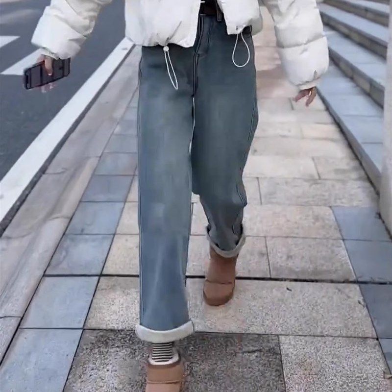 加绒加厚老爹裤子直筒牛仔裤女冬大码高腰显瘦梨形身材百搭小个子
