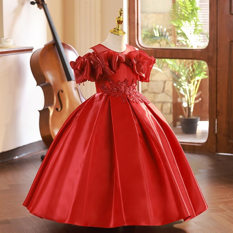 儿童礼服公主裙女童高端花童婚礼小女孩生日宴轻奢小众红色主持人