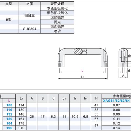 铝合金椭圆外装拉手XAG63/XAG62/XAG61-L100/L116/L132/L150/L164
