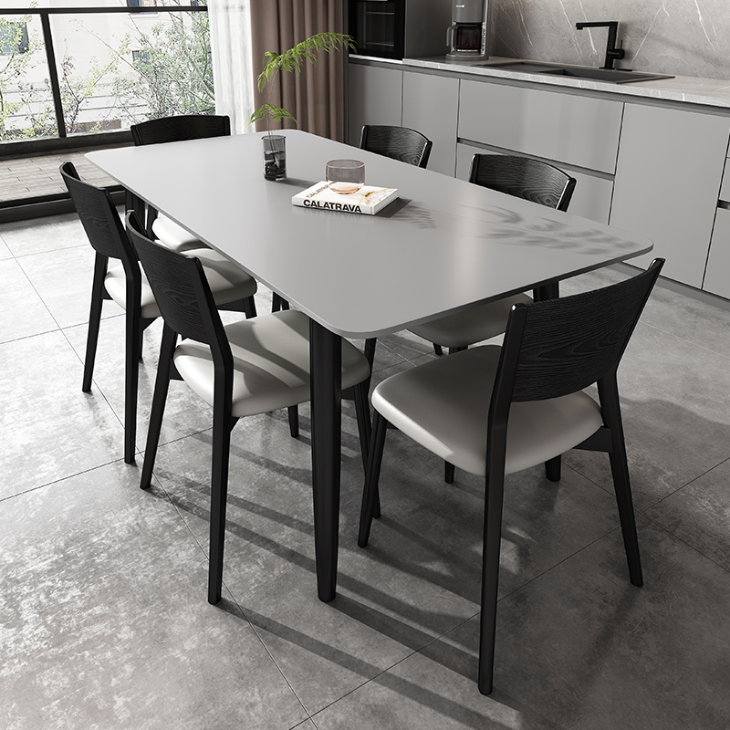 极简纯灰色岩板餐桌家用小户型现代实木餐桌椅长方形设计