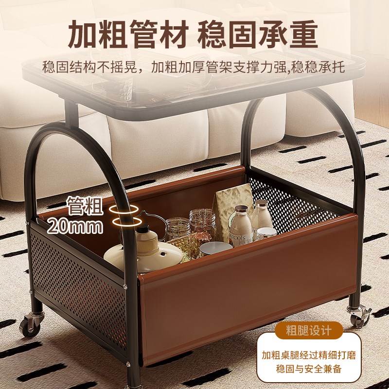 可移动客厅沙发置物玻璃边几中古风小茶几卧室床边带轮小推车
