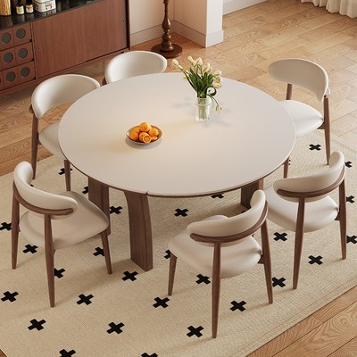 中古风实木餐桌可伸缩餐桌家用小户型现代简约方圆两用岩板餐桌