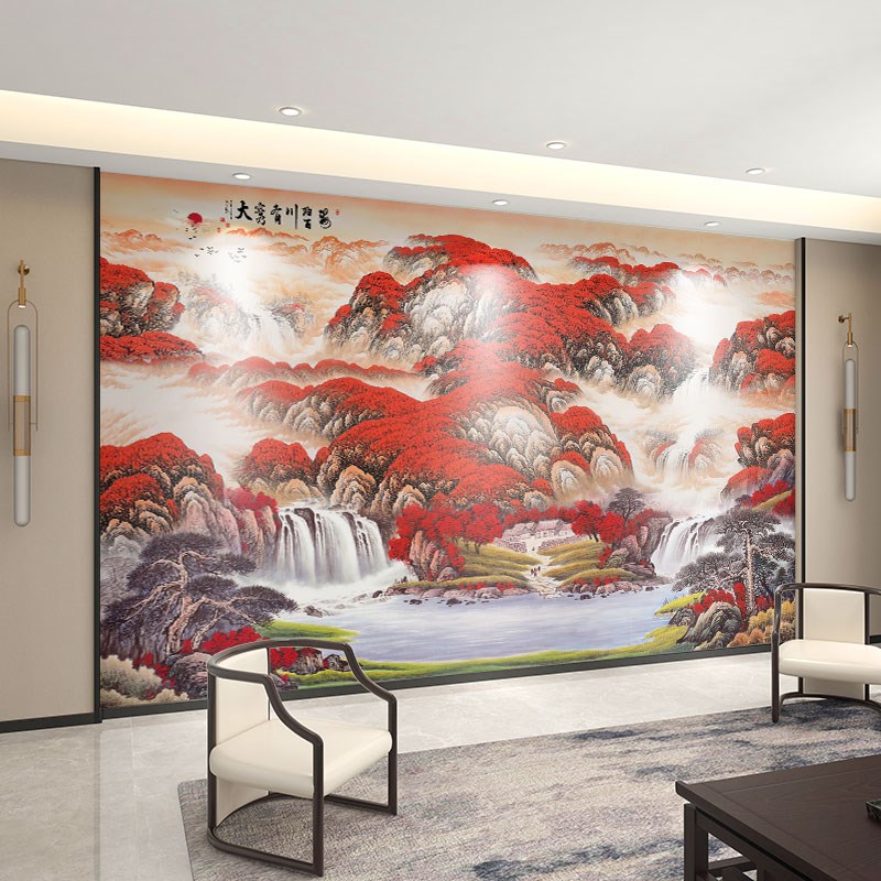 壁画定制3d立体中式鸿运当头山水电视背景墙壁纸客厅墙纸装饰墙布图片
