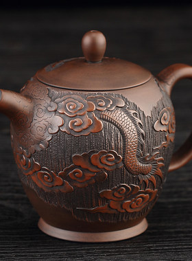 云南建水紫陶茶壶满龙浮雕名家手工高端紫砂壶功夫茶具套装泡茶器