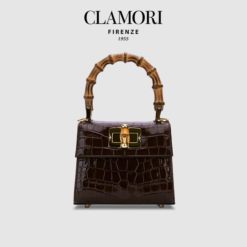 CLAMORI手工竹节包意大利红棕色大鳄鱼纹小牛皮复古单肩斜挎手提,箱包皮具/热销女包/男包,通用款女包,淘宝优惠券,粉丝福利购,淘宝优惠卷