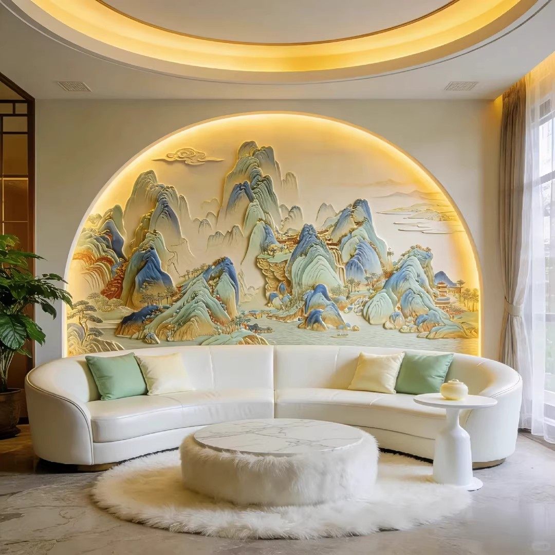 超浮雕新中式千里江山背景护墙板客厅沙发电视装饰墙画高端集成版